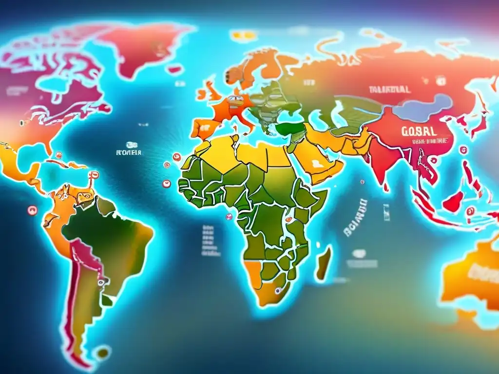 Mapa mundial digital detallado en acuarela, resalta la importancia del inglés en tecnología con iconos pixelados y colores vibrantes