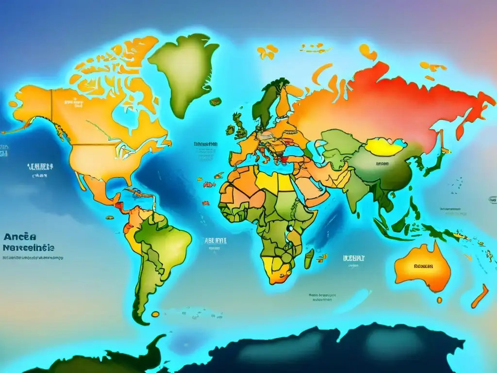 Mapa mundial ilustrado con riqueza lingüística en dialectos y colores vibrantes