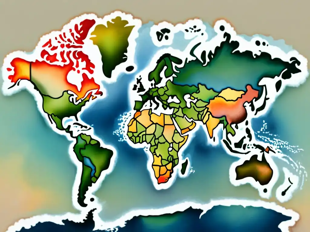 Mapa mundial de raíces lingüísticas entrelazadas en acuarela, reflejando el legado lingüístico de antiguos imperios en dialectos actuales