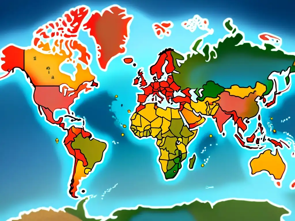 Mapa del mundo en acuarela con líneas conectando regiones, fusiones dialectales lenguas y dialectos