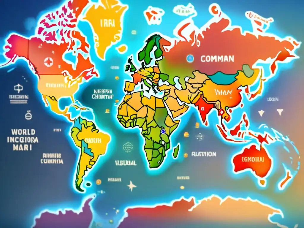 Un mapa del mundo en acuarela con símbolos de idiomas y traducción, rodeado de un aura etérea, capturando la localización web en diferentes idiomas