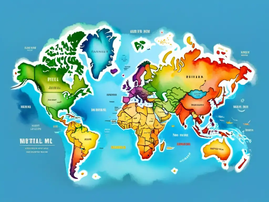 Mapa del mundo detallado en acuarela con dialectos del inglés en el mundo