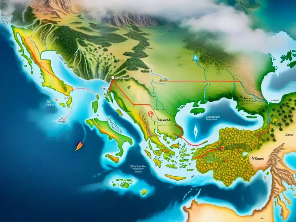 Mapa de rutas migratorias antiguas con flechas coloridas, adornos florales y referencias históricas