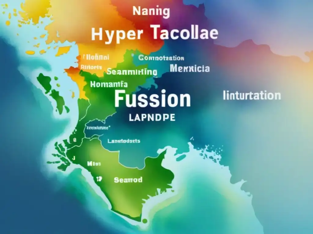 Un mapa vibrante de fusiones dialectales, lenguas y dialectos se entrelazan como ríos convergiendo en armonía