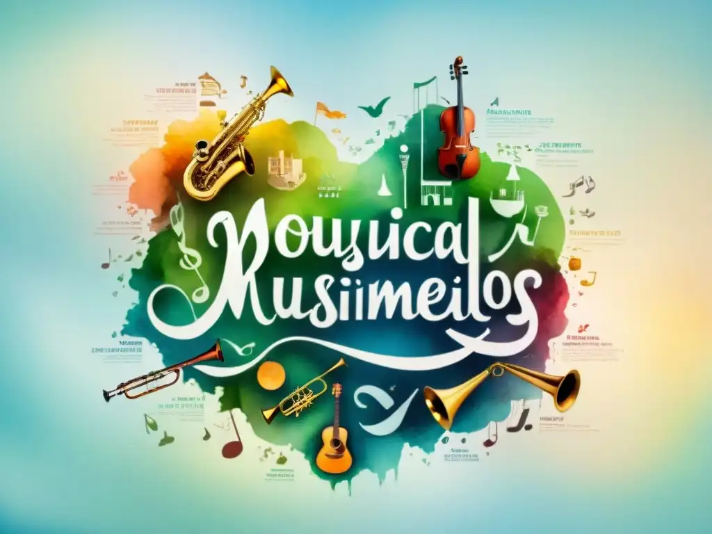 Un mapa vibrante con instrumentos musicales y dialectos en caligrafía, capturando la musicalidad regional y diversidad lingüística