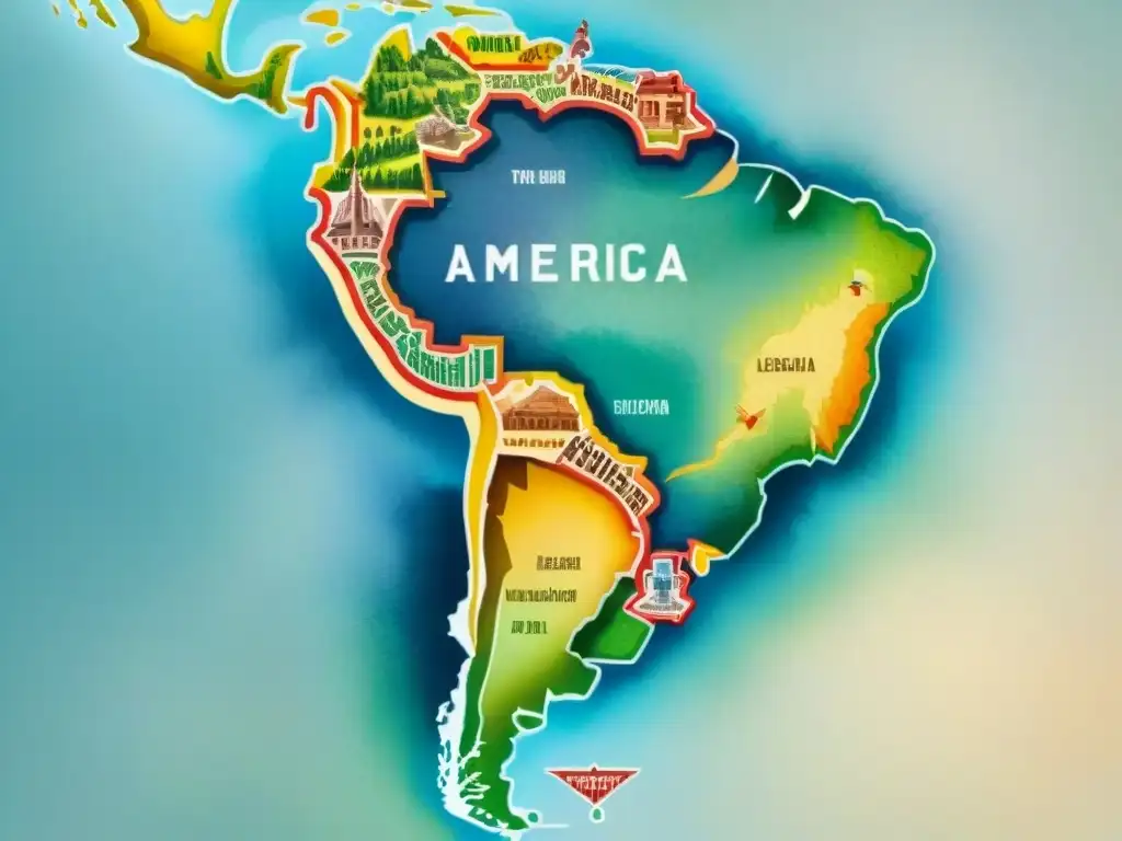 Un mapa vibrante de América del Sur, con detalles intrincados y colores que representan la influencia del idioma Quechua en la región