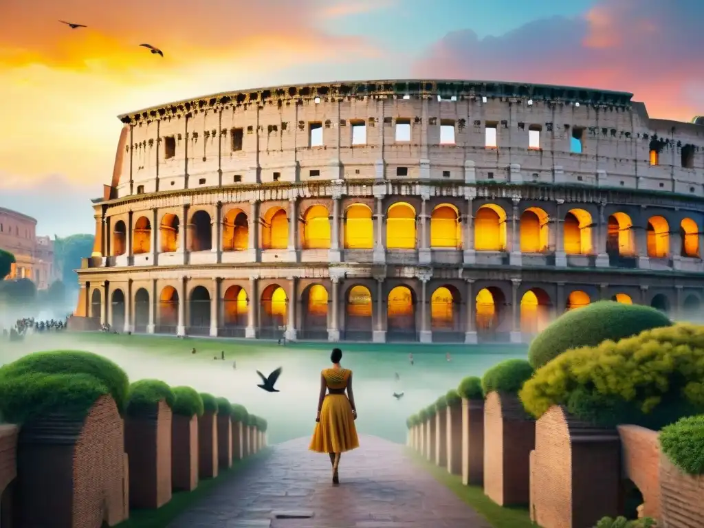 Maravillosa acuarela del majestuoso Coliseo romano al atardecer, con detalles arquitectónicos y aves en vuelo