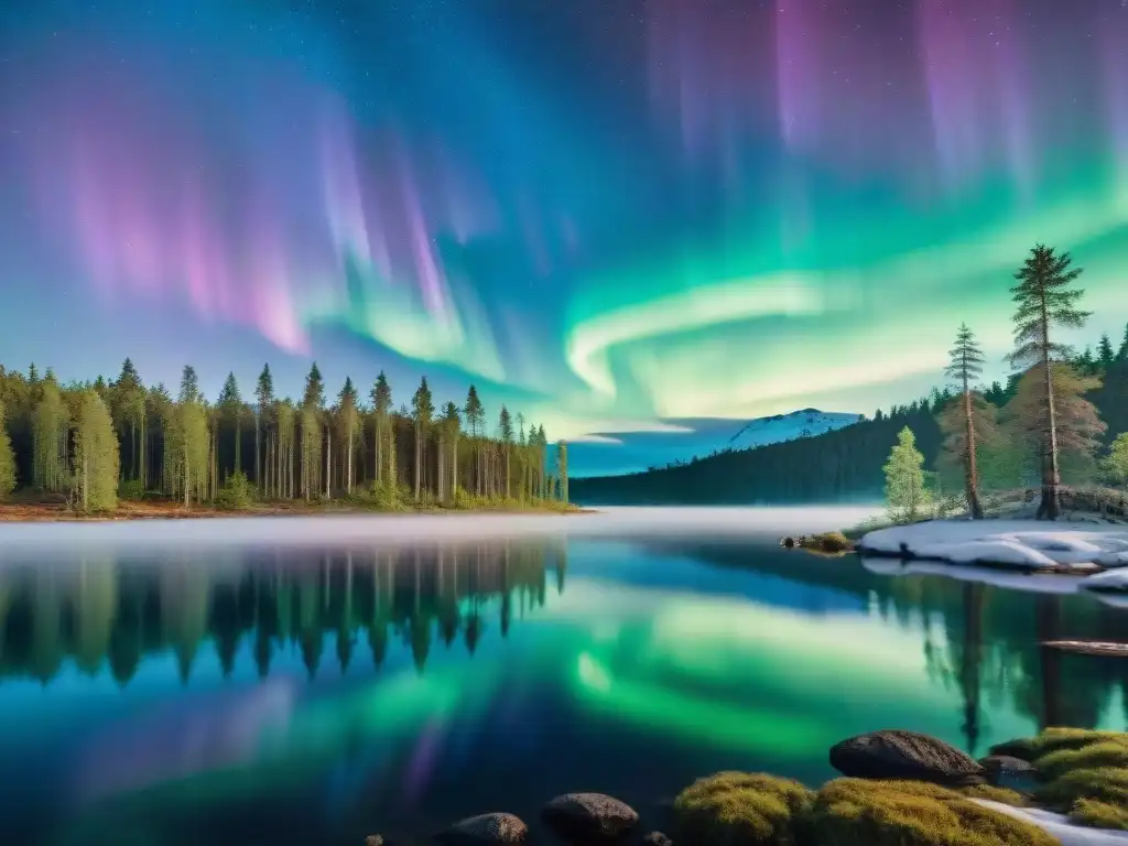 Maravilloso bosque finlandés bajo la aurora boreal, ideal para aprender finlandés desde cero