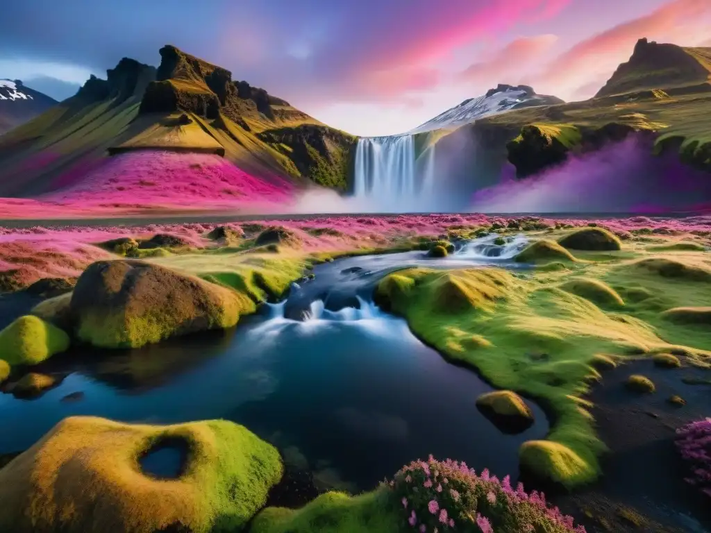 Maravilloso paisaje de Islandia con cascada, montañas nevadas y cielo de medianoche