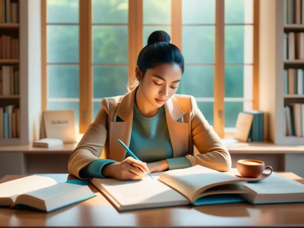 Preparándose para la medición precisa nivel francés TCF, el estudiante estudia con determinación entre libros y café, iluminado por la luz del sol