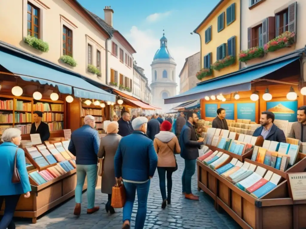 Un mercado al aire libre en una ciudad europea, con libros de idiomas del mundo