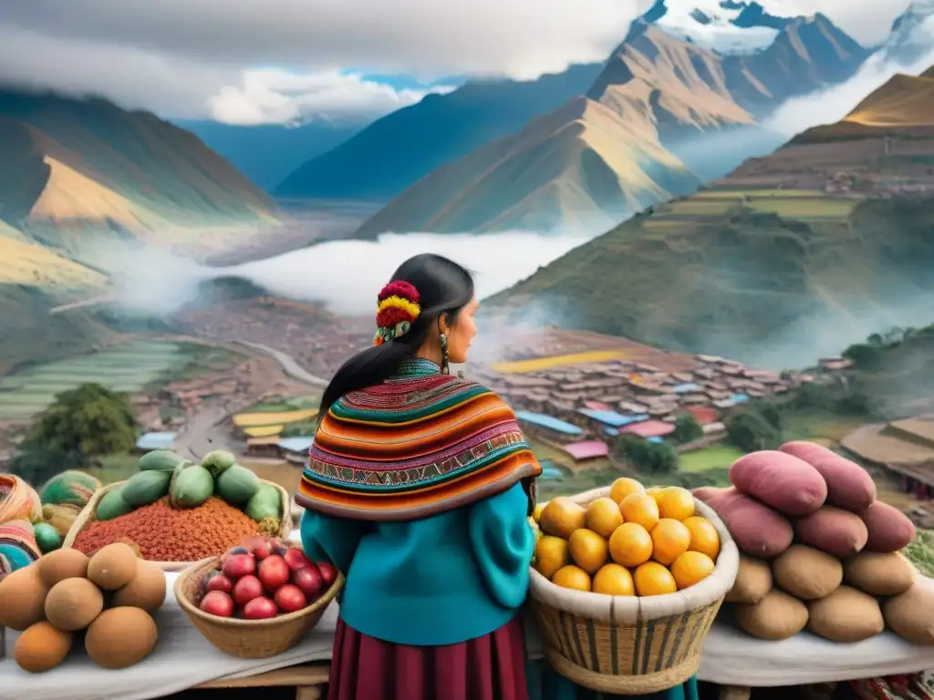 Mercado andino vibrante con mujeres quechua en atuendos coloridos, vendiendo frutas y textiles, con los majestuosos Andes de fondo y llamas pastando