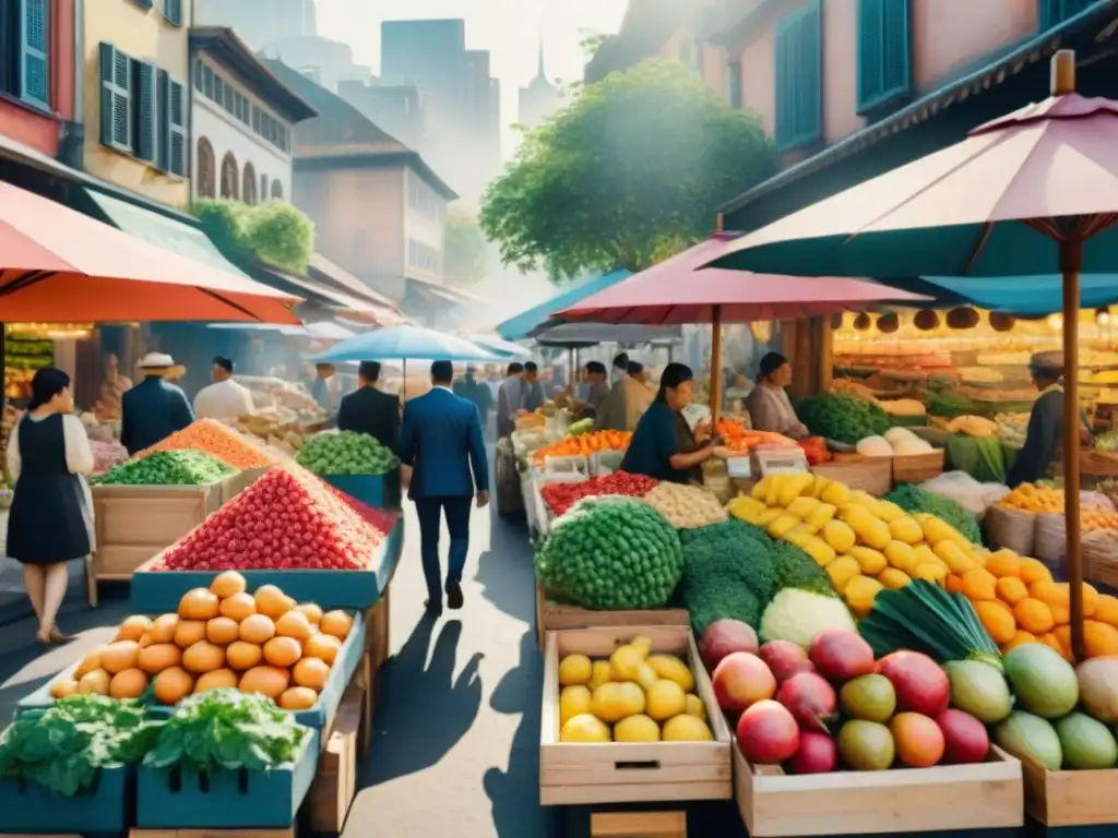 Un mercado animado con frutas, verduras y especias del mundo