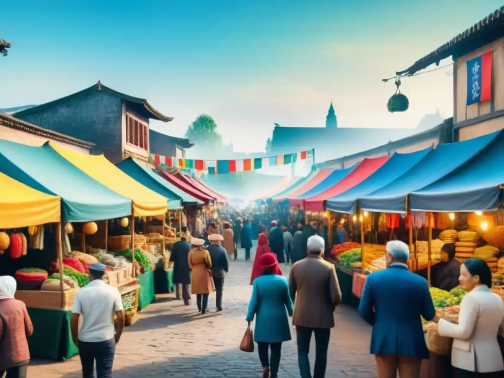 Un mercado animado con gente de diversas culturas y dialectos, riqueza lingüística y cultural