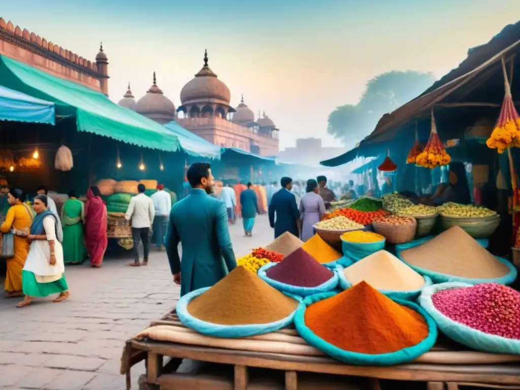 Mercado animado en la India con conversaciones nativas en Hindi, colores vibrantes y atmósfera cálida