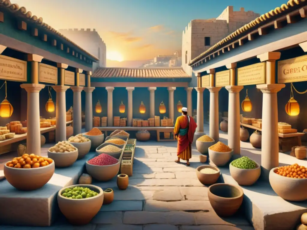 Mercado antiguo: intercambio cultural vibrante Un mercado antiguo lleno de intercambios culturales, reflejando el préstamo lingüístico en vocabulario moderno