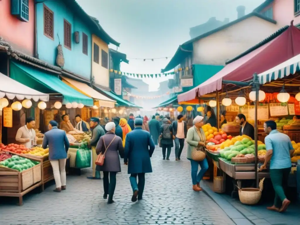 Un mercado bullicioso en una ciudad diversa, con gente de distintas culturas hablando diversos dialectos