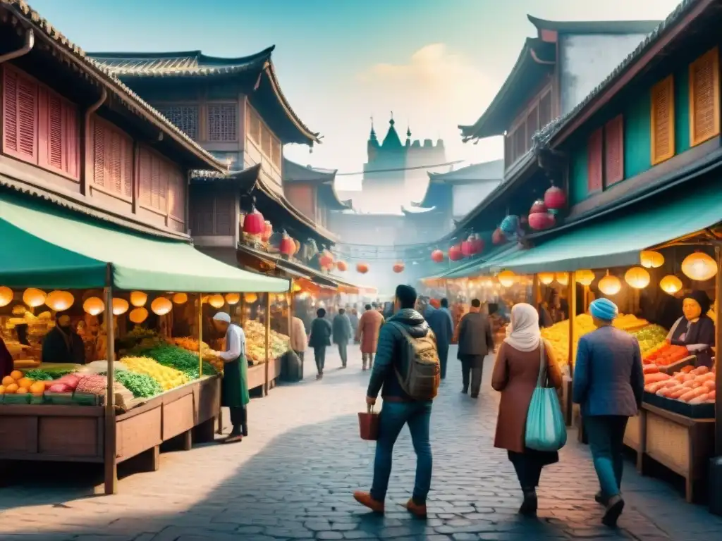 Mercado multicultural vibrante: ilustración acuarela Un mercado bullicioso en una ciudad diversa, con individuos hablando en dialectos regionales, reflejando la sociedad