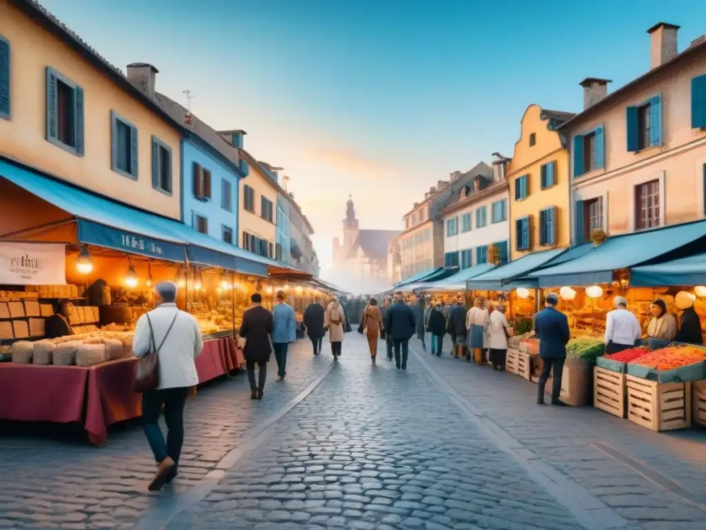 Pintura acuarela: mercado europeo vibrante Un mercado bullicioso en una ciudad europea, lleno de puestos de artesanías y turistas, bajo un cielo azul