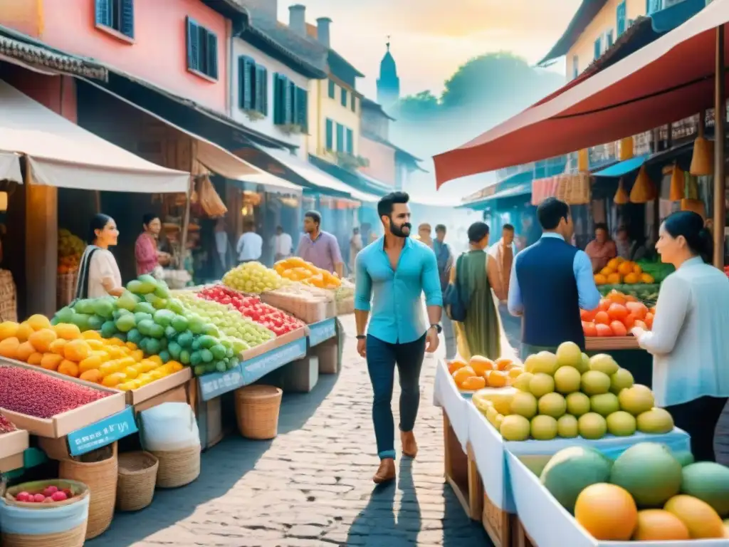 Un mercado bullicioso en una ciudad extranjera, con gente diversa y colores vibrantes bajo el sol poniente, evoca la memoria y segundas lenguas