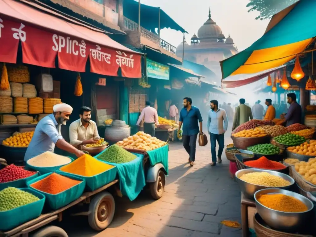 Mercado bullicioso en la India, con colores vibrantes y conversaciones en hindi