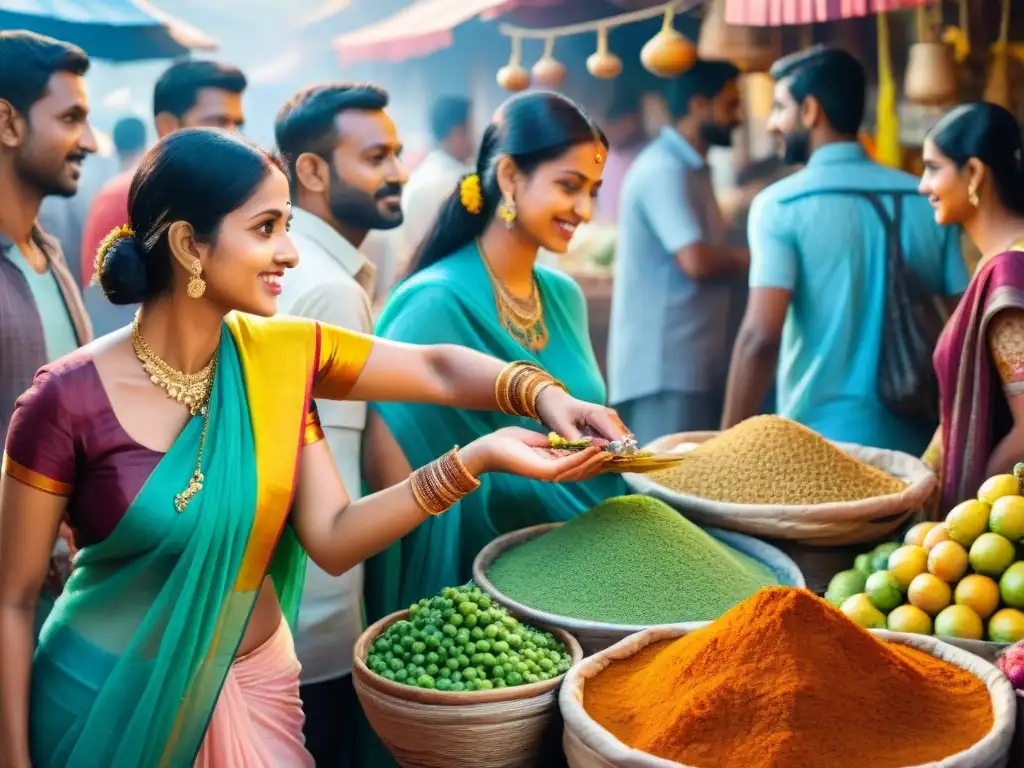 Mercado bullicioso en India: colores, conversaciones en Hindi, frutas y especias