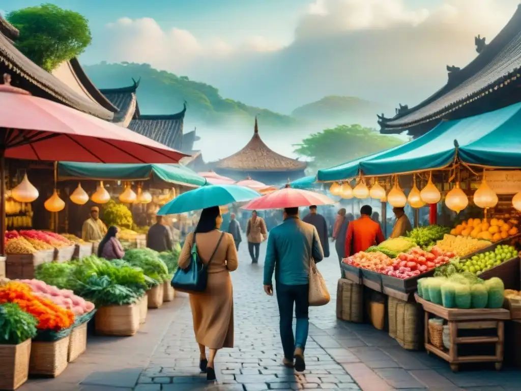 Mercado exótico: color, cultura y diversión Un mercado bullicioso en un país extranjero, con vendedores y turistas bajo sombrillas coloridas