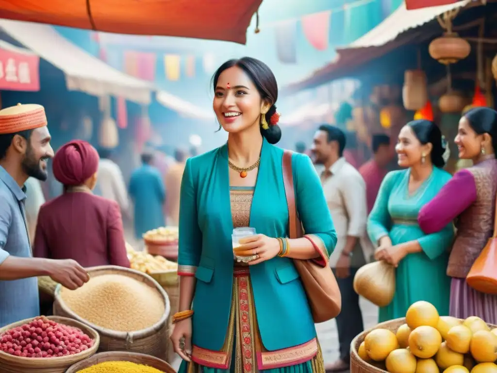Conversaciones multiculturales en mercado animado Un mercado bullicioso donde personas de distintas culturas dialogan en sus lenguas y dialectos