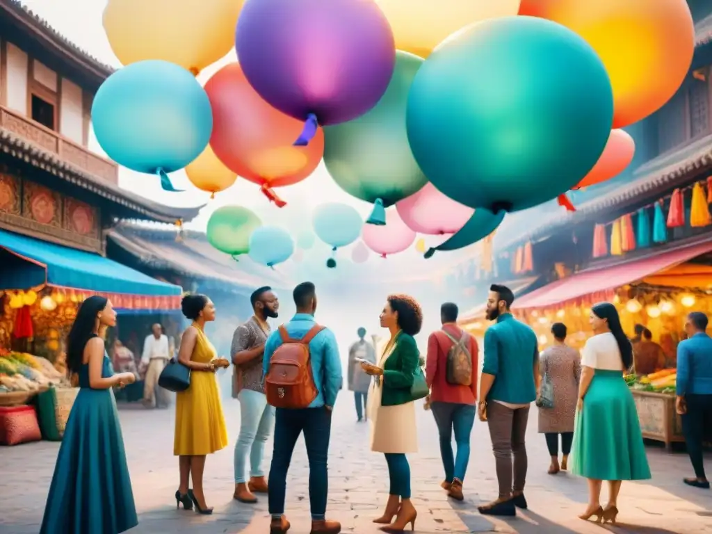 Un mercado bullicioso donde personas de diversas culturas hablan diferentes idiomas, con burbujas de diálogo coloridas