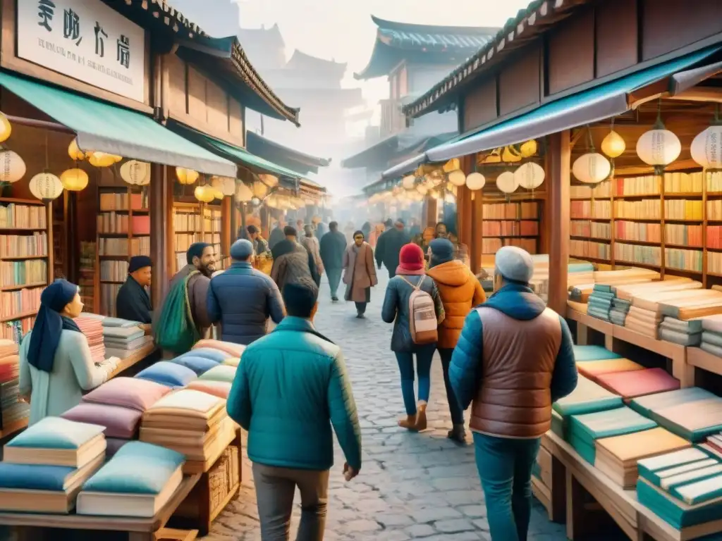 Un mercado bullicioso con personas diversas conversando en diferentes idiomas, rodeadas de libros coloridos