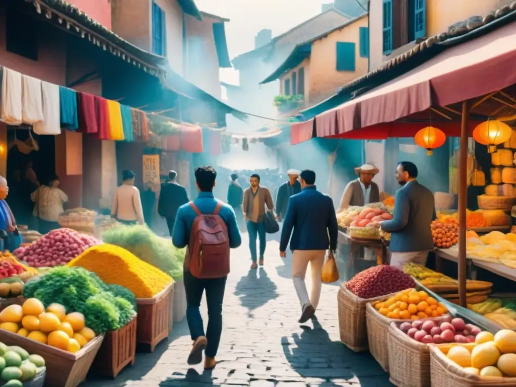 Un mercado bullicioso con vendedores coloridos y personas interactuando en múltiples idiomas