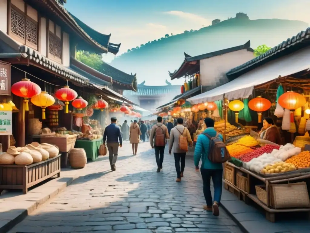 Un mercado callejero bullicioso y colorido, con turistas de todo el mundo interactuando con vendedores locales y un antiguo templo de fondo