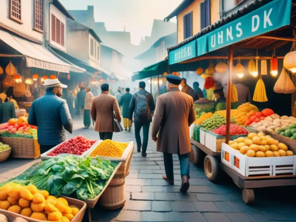 Un mercado callejero multicultural bullicioso con vendedores y personas conversando en diferentes idiomas y dialectos, mostrando la diversidad lingüística y cultural mundial influenciada por el cine