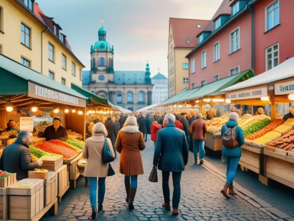 Un mercado de comida alemán en Berlín con puestos de currywurst, pretzels y schnitzel