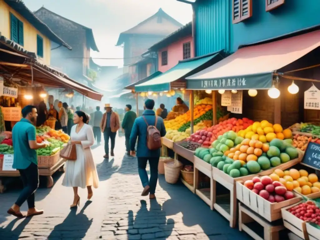 Un mercado local bullicioso con vendedores coloridos y locales hablando con jerga local, ideal para aplicaciones enseñar jerga local