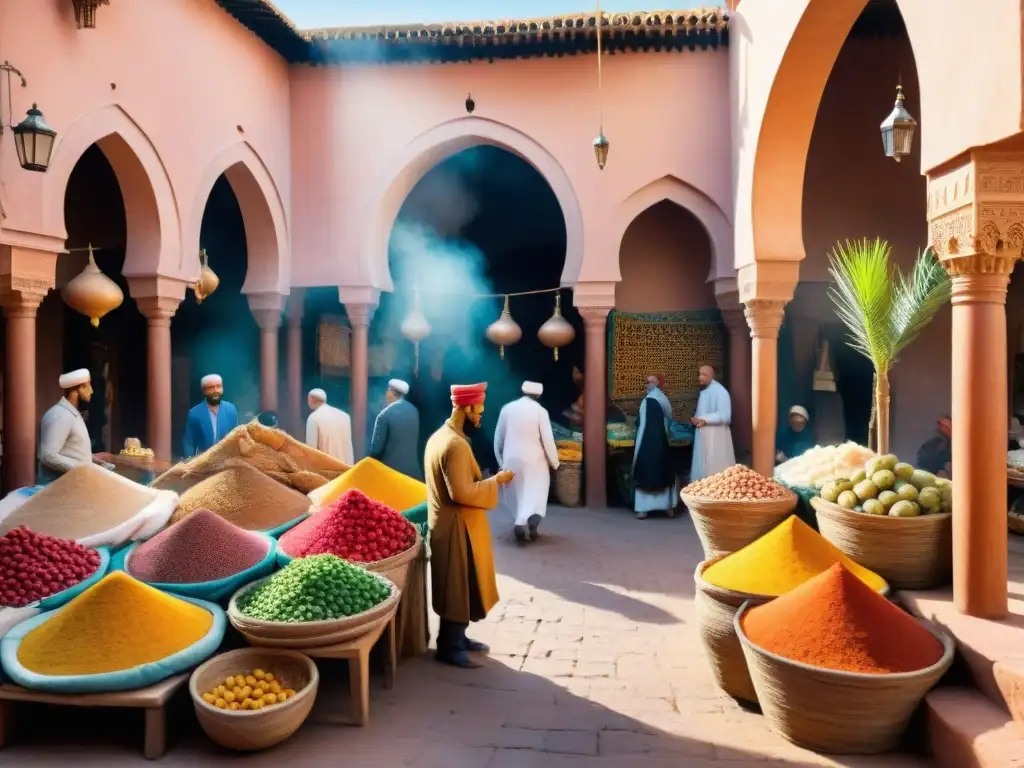 Un mercado marroquí vibrante en Marrakech, lleno de color y vida, con locales vestidos tradicionalmente bajo la cálida luz dorada del atardecer