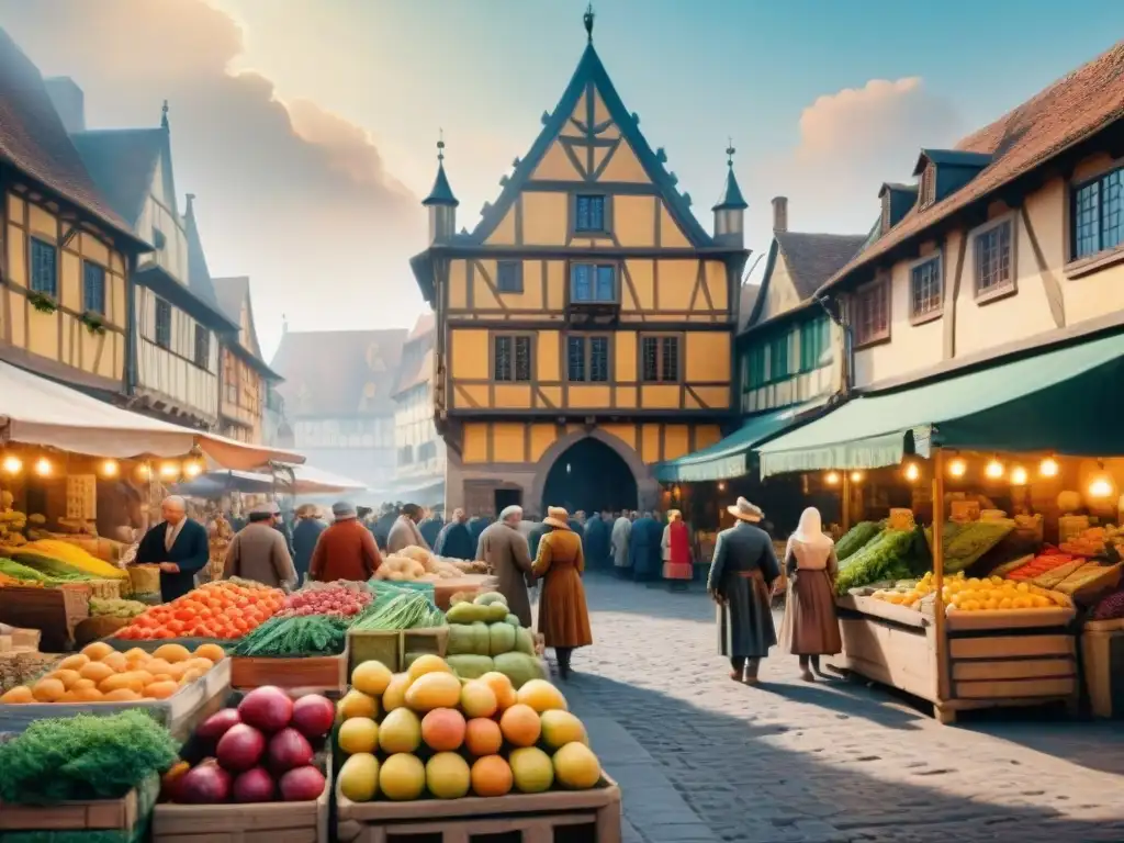 Un mercado medieval bullicioso con frutas y verduras vibrantes, tapices coloridos y un castillo majestuoso al fondo