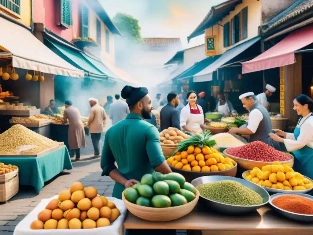 Un mercado multicultural bullicioso con intercambio culinario y coloridos ingredientes