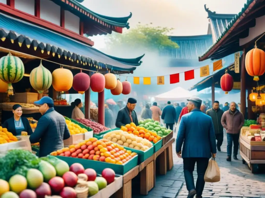 Mercado multicultural bullicioso con vendedores de frutas y especias, clientes de diversas culturas y arquitectura tradicional