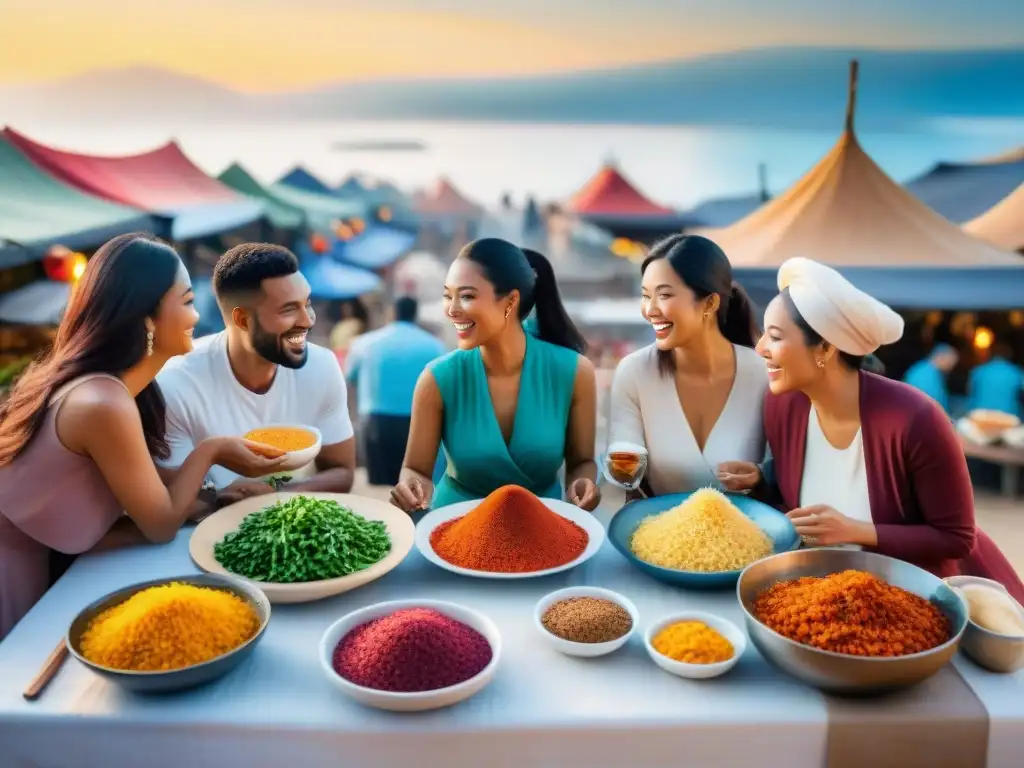 Un mercado multicultural donde la gastronomía une a personas de todo el mundo en una mesa comunitaria