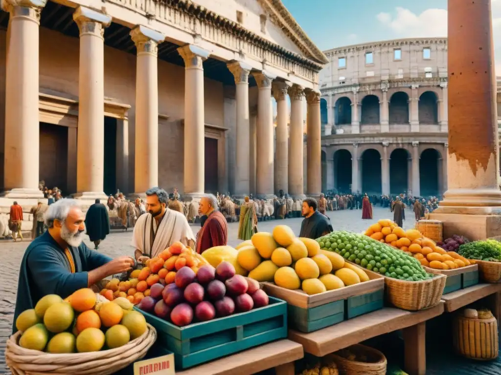 Explorando el mercado romano antiguo lleno de colores y sabores, recetas culinarias latín antiguo