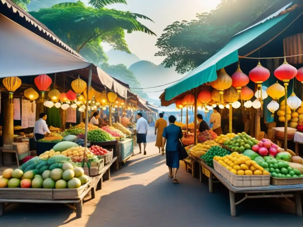 Mercado tailandés lleno de vida con puestos de frutas exóticas y artesanías, locales regateando y turistas explorando