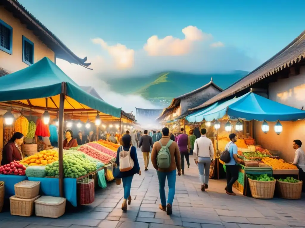 Un mercado turístico lleno de vida y color en una ciudad extranjera pintoresca