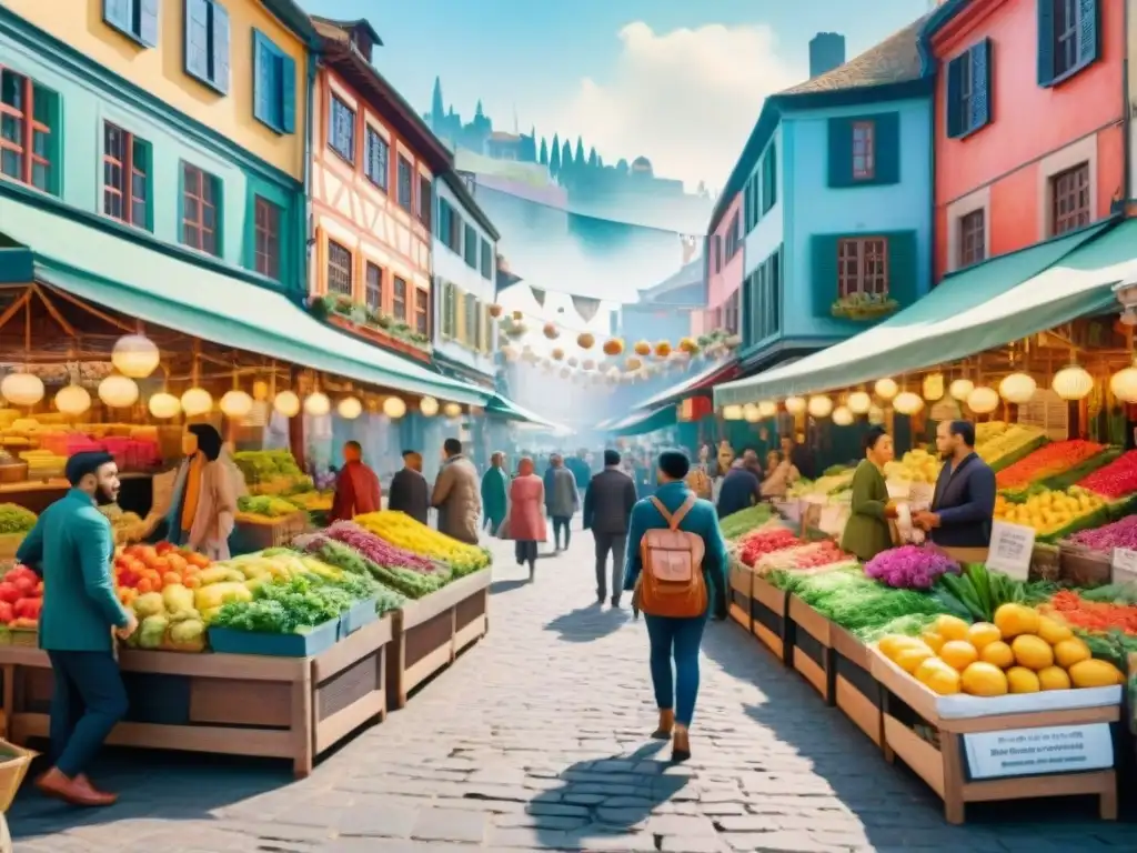 Un mercado vibrante donde diferentes culturas se unen a través de dialectos, celebrando la diversidad lingüística