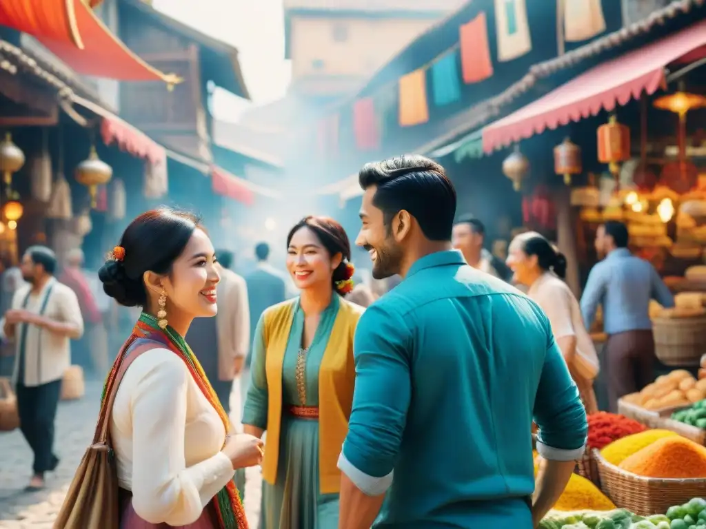 Un mercado vibrante donde la diversidad cultural y lingüística se unen en celebración