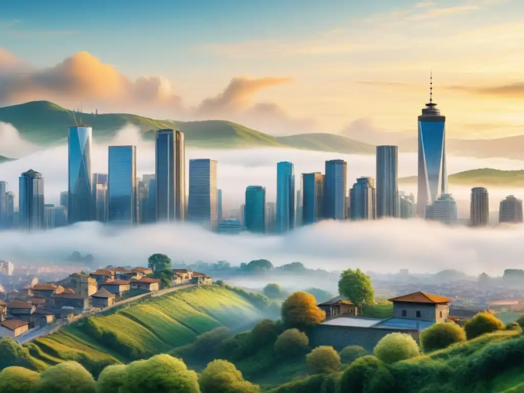 Urbanización en transición: Ciudad y campo La metrópolis crece junto al campo, reflejando el impacto de la urbanización en los dialectos regionales