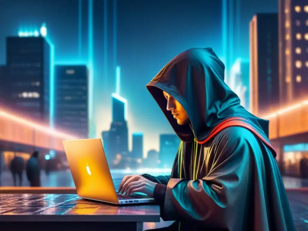 Un misterioso hacker en la ciudad, codificando en la noche lluviosa