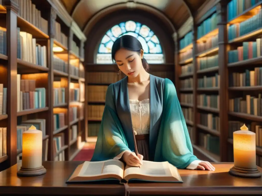 Un momento de reverencia académica en una biblioteca histórica, resaltando la importancia lingüística histórica en educación