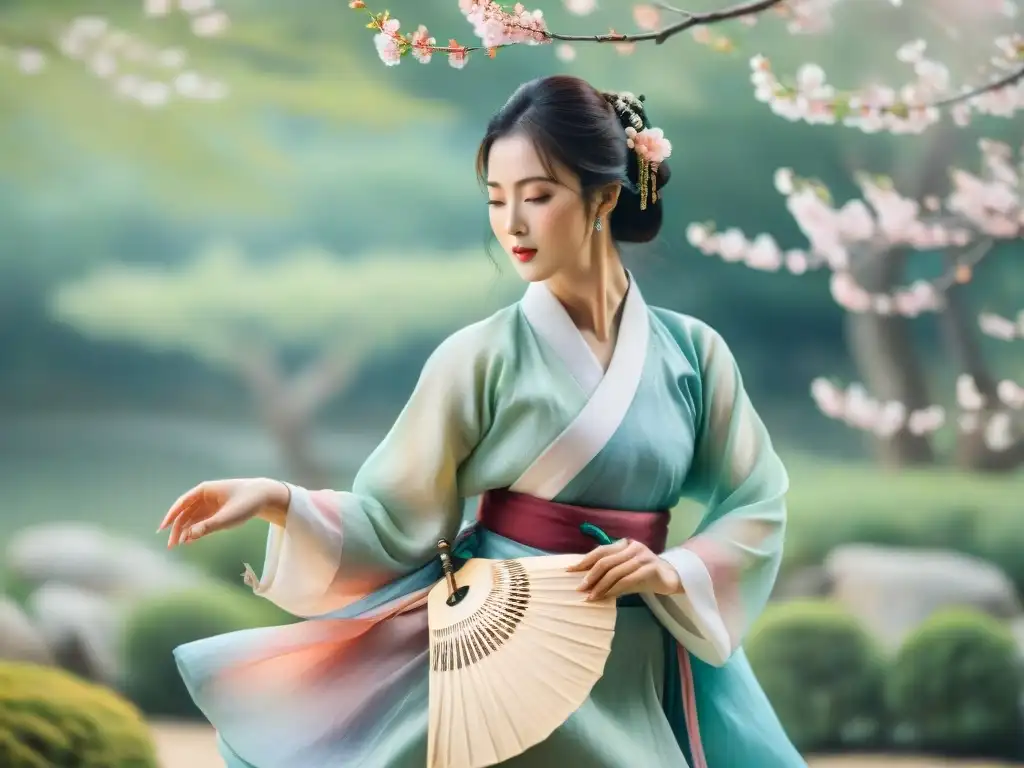 Mujer en hanbok realizando danza tradicional coreana entre cerezos