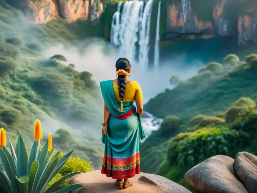 Dos mujeres ixcatecas dialogando en un exuberante paisaje de montaña en Oaxaca, destacando la riqueza lingüística y cultural Ixcateca